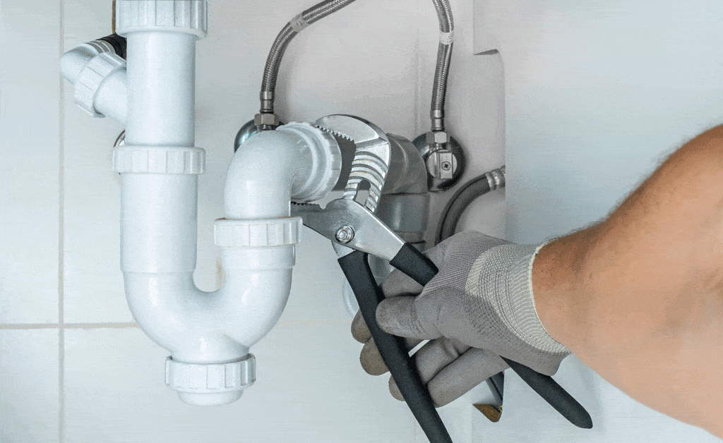man using wrench to tighten pipes under sink plumber myrtle beach sc conway sc