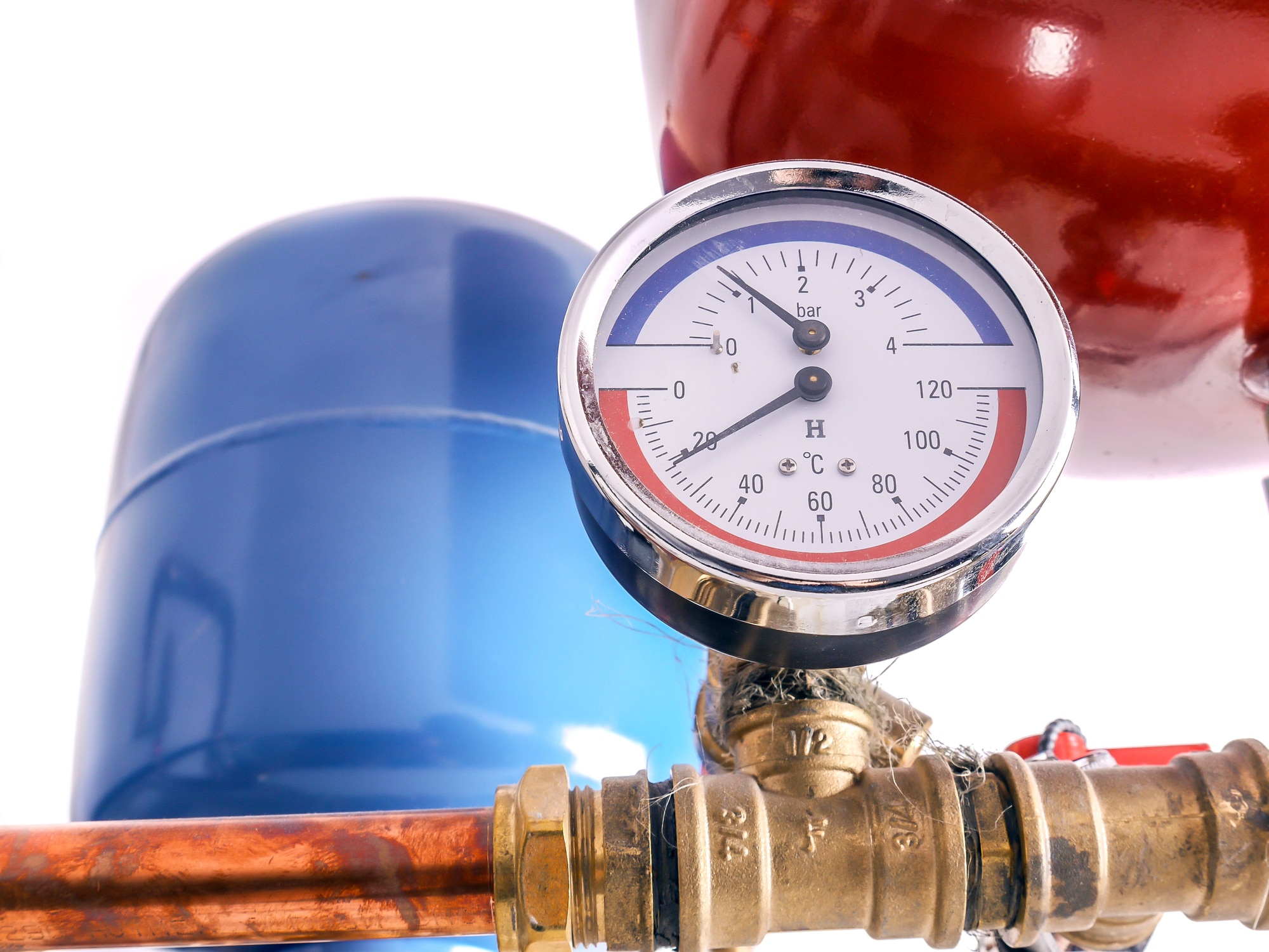 Pressure gauge mounted on copper piping system with expansion tanks, Expansion Tank Sizing.